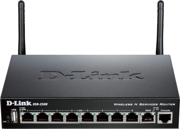 ROUTER D-LINK wireless. N VPN, 8 porturi Gigabit, 2 antene externe, 45Mbps Firewa60, 35Mbps VPN, 20.000 sesiuni concurente, 25 VPN tunnels „DSR-250N” (timbru verde 0.8 lei)