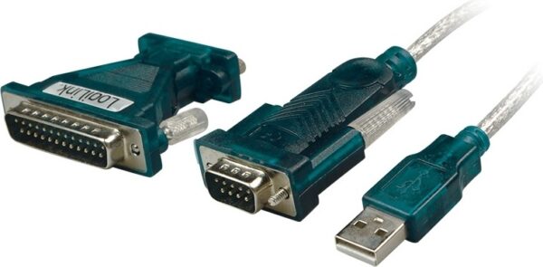 CABLU USB LOGILINK adaptor, USB 2.0 (T) la Serial DB9M (9-pin)(RS232)(T) + adaptor DB9 (M) la Serial DSUB-25 (T), 1.2m, cablu alb cu conectori albastri, „UA0042A” (include TV 0.06 lei)