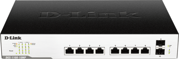 SWITCH PoE D-LINK Smart 8 porturi Gigabit (8 PoE) + 2 porturi SFP, IEEE 802.3af/at, carcasa metalica, rackabil „DGS-1100-10MP”(timbru verde 2 lei)