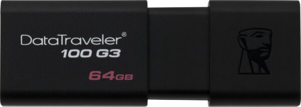 MEMORIE USB 3.0 KINGSTON 64 GB, cu capac, carcasa plastic, negru, „DT100G3/64GB” (timbru verde 0.03 lei)