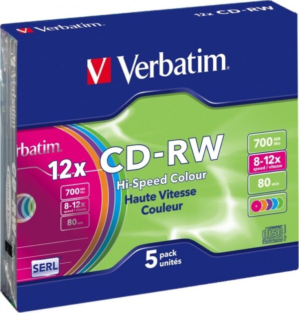 CD-RW VERBATIM 700MB, 80min, viteza 8-12x, 5 buc, carcasa, „Colour 12x” „43167/261910”