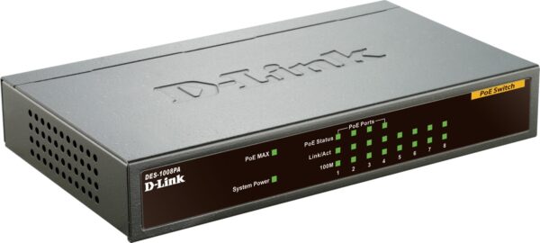 SWITCH PoE D-LINK 8 porturi 10/100Mbps (4 PoE), IEEE 802.3af, carcasa metalica, „DES-1008PA” (timbru verde 2 lei)