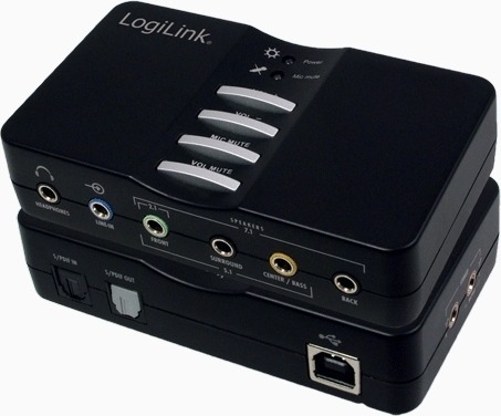 PLACA de SUNET Logilink, extern, 7.1, interfata USB 2.0, conectori 3.5 mm jack x 5, S/PDIF, „UA0099” (timbru verde 0.18 lei)