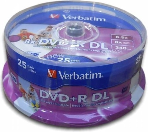 DVD+R VERBATIM 8.5GB, 240min, viteza 8x, 25 buc, Double Layer, spindle, printabil, „Wide Inkjet Printable” „43667”