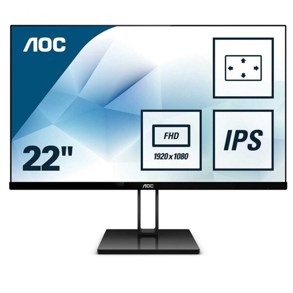 MONITOR AOC 21.5″, home, office, IPS, Full HD (1920 x 1080), Wide, 250 cd/mp, 5 ms, HDMI, DisplayPort, „22V2Q” (timbru verde 7 lei)