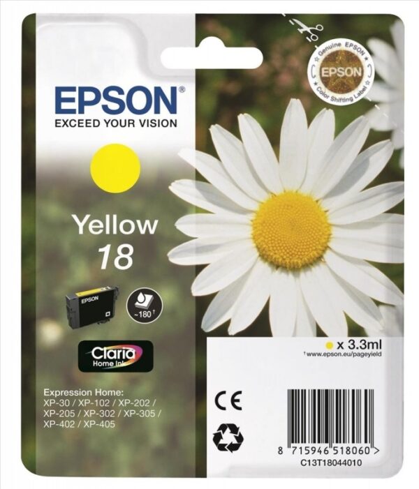 Cartus Cerneala Original Epson Yellow, T1804, pentru XP102|202|205|302|305|402|405, , (timbru verde 0.15 lei), „C13T18044010”