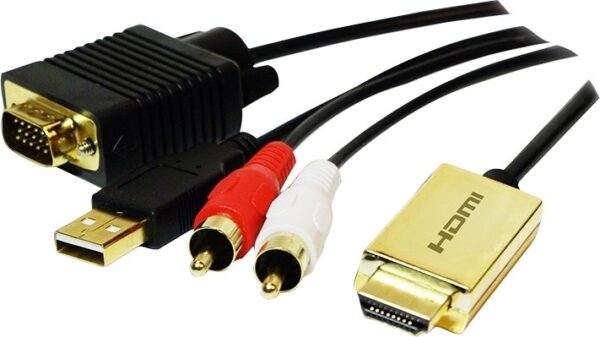CABLU video LOGILINK, splitter HDMI (T) la VGA (T) + 2 x RCA (T) + USB 2.0, 2m, rezolutie maxima 720p, negru, „CV0052A” (include TV 0.06 lei)