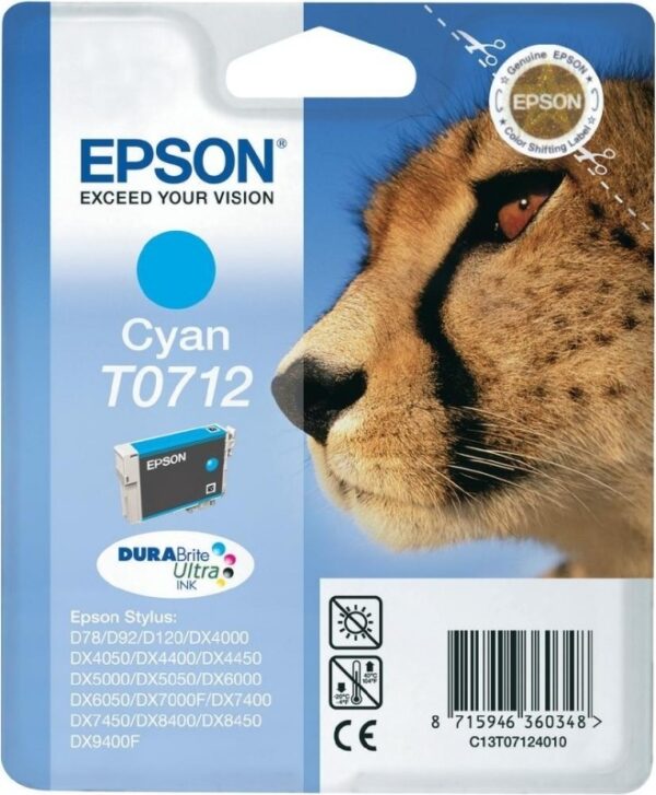 Cartus Cerneala Original Epson Cyan, T0712, pentru D78|DX4000|4050|5000|5050|6000|6050|7000F, , (timbru verde 0.15 lei), „C13T07124011”