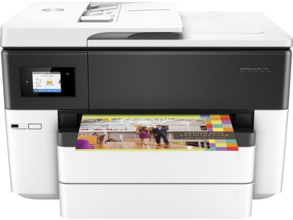 Multifunctional Inkjet Color HP OfficeJet 7740 AIO, A3+, Functii: Impr.|Scan.|Cop.|Fax, Viteza de Printare Monocrom: 22ppm, Viteza de printare color: 18ppm, Conectivitate:USB|Ret|WiFi, Duplex:Da, ADF:ADF(timbru verde 40 lei) „G5J38A”