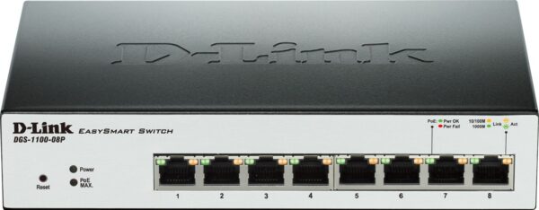 SWITCH PoE D-LINK Smart 8 porturi Gigabit (8 PoE) + 2 porturi SFP, IEEE 802.3af/at, carcasa metalica, rackabil, „DGS-1210-08P”(timbru verde 2 lei)