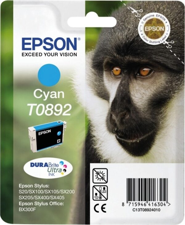 Cartus Cerneala Original Epson Cyan, T0892, pentru Stylus S20|SX100|SX105|SX200|SX205|SX400|SX405 Stylus Office BX300F, , (timbru verde 0.15 lei), „C13T08924011”