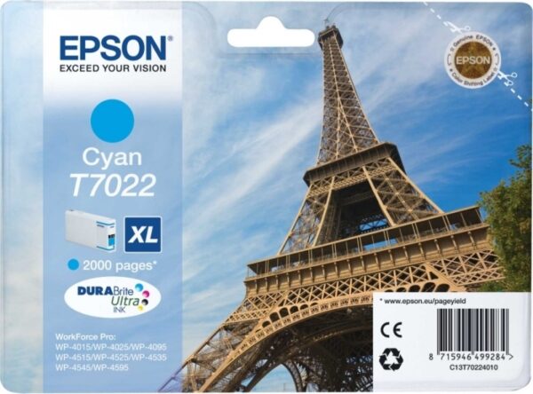 Cartus Cerneala Original Epson Cyan, T7022, pentru WP4000|4500, , (timbru verde 0.15 lei), „C13T70224010”