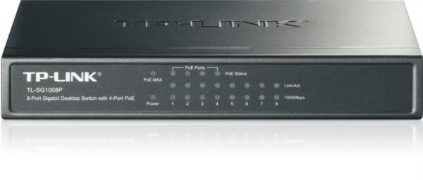 SWITCH PoE TP-LINK 8 porturi Gigabit (4 PoE), IEEE 802.3af, carcasa metalica „TL-SG1008P” (timbru verde 2 lei)