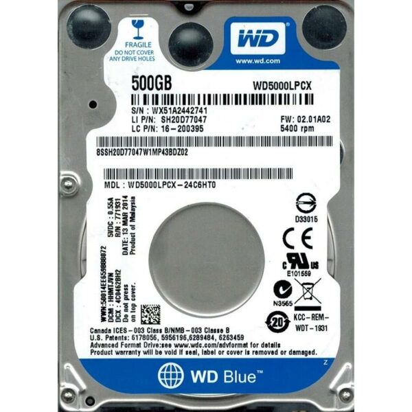 HDD notebook WD 500 GB, Blue, 5400 rpm, buffer 16 MB, 6 Gb/s, S-ATA 3, „WD5000LPCX”