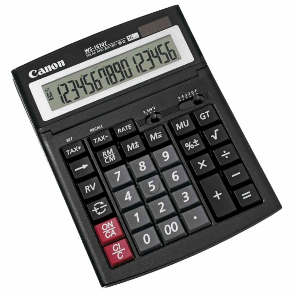 Calculator de birou CANON, WS1610T, ecran 16 digiti, alimentare solara si baterie, negru, „BE0696B001AA” (timbru verde 0.18 lei)