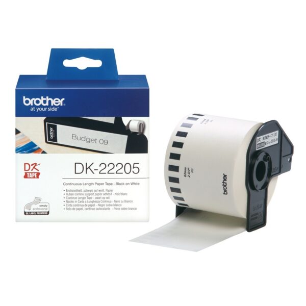 Banda Continua Hartie Original Brother Black on White, DK22205, pentru P-TOUCH QL-1100|1110|800|810|1050|1060|500|560|570|580|650|701, 62mmX30.48m, incl.TV 0 RON, „DK22205”