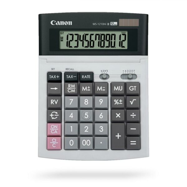 Calculator de birou CANON, WS-1210THB, ecran 12 digiti, alimentare solara si baterie, display LCD, functie business, tax si conversie moneda, GRI, „0694B001AC” (timbru verde 0.18 lei)