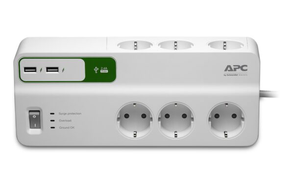 PRELUNGITOR APC, Schuko x 6, conectare prin Schuko (T), USB x 2, cablu 2 m, 10 A, protectie supratensiune, alb, „PM6U-GR” (timbru verde 0.18 lei)