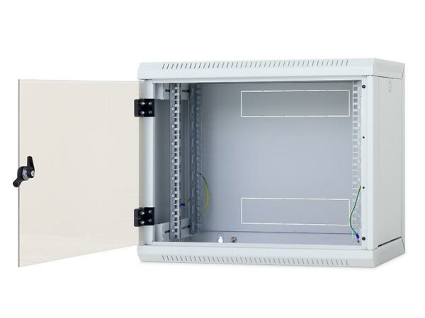TRITON RACK de PERETE,9U,600mm,usa sticla,panouri laterale detasabile,sectiuni ventilatie si acces cabluri sus/jos/spate securizare cu cheie, 1 pereche montanti reglabili IP30 gri „RUA-09-AS6-CAX-A1”