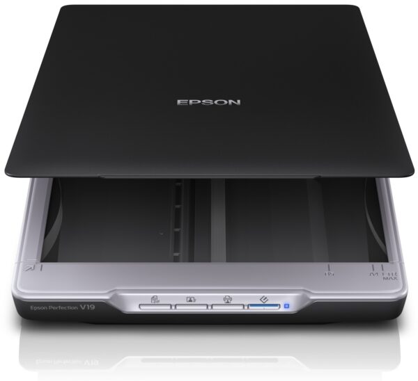 SCANNER EPSON Perfection V19, dimensiune A4, tip flatbed, rezolutie optica 4800x9600dpi, senzor CIS, software : Epson Copy Utility, Epson Document Capture Pro (Windows only), Epson Scan, interfata: USB 2.0. „B11B231401” (timbru verde 4 lei)