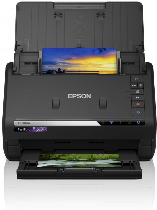 SCANNER EPSON FASTFOTO FF-680W, dimensiune A4, tip sheetfed, viteza scanare: 46ppm alb-negru si color, rezolutie optica 6400x9600dpi, senzor CIS, Duplex, interfata: USB 3.0, Wireless „B11B237401” (timbru verde 4 lei)