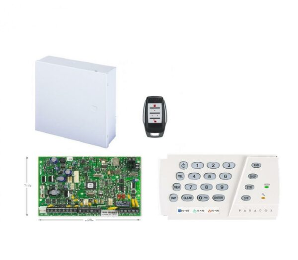 CENTRALA alarma PARADOX, panou control MAGELAN cu emitator-receptor radio – 32 zone, Stay D si aplicatia iPARADOX; 32 zone; 32 utilizatori si 32 telecomenzi; 2 partitii; 2 intrari de zona pe placa; 2 iesiri PGM pe placa „MG5050+K636+REM15”