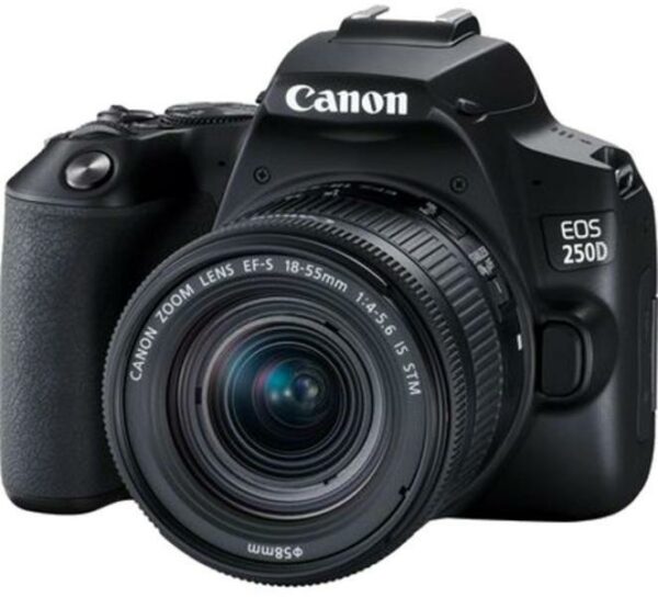 Camera foto CANON DSLR EOS 250D + 18-55 IS STM kit, Black, 24.1MP, Dual Pixel CMOS, LCD 3″ rabatabil, DIGIC 8, ISO Auto, filmare 4K 25 fps, Full HD 50fps, HDMI mini,WI-FI, Bluetooth, Li-ion LP-E17, negru „3454C007AA” (timbru verde 1.2 lei)