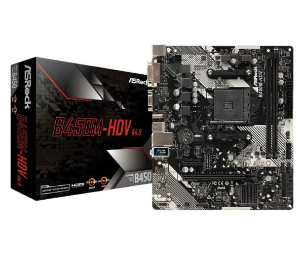 Placa de baza ASROCK AMD B450M-HDV R4.0, B450M-HDV R4.0, 2 DIMMs, Supports DDR4 3200+, 1 PCIe 3.0 x16, 1 PCIe 2.0 x1, 6 USB 3.1 Gen1 (2 Front, 4 Rear), Micro ATX Form. „B450M-HDV R4.0”