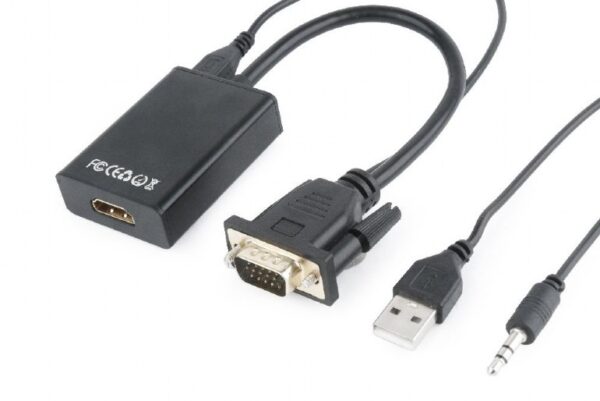 CABLU video GEMBIRD, adaptor VGA (T) + Jack 3.5mm (T) la HDMI (M), 15cm, rezolutie maxima Full HD (1920 x 1080) la 60Hz, conecteaza placa video cu VGA la monitor HDMI, cablu power USB, negru, „A-VGA-HDMI-01” (timbru verde 0.8 lei)