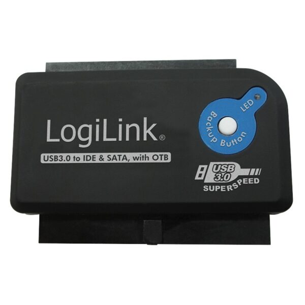 ADAPTOR USB LOGILINK, USB 3.0 (T) la IDE (M) ori S-ATA (M), adaptor USB la unitati 2.5″/3.5″, functie OTB, negru, „AU0028A” (timbru verde 0.08 lei)