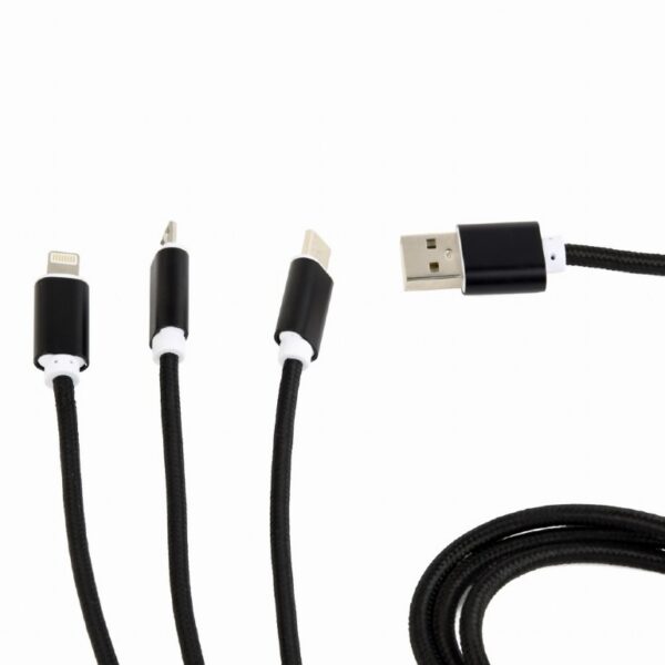 CABLU alimentare si date GEMBIRD, telefon, 3 + 1, USB 2.0 (T) la Lightning (T) + Micro-USB 2.0 (T) + USB 2.0 Type-C (T), 1m, cablu cu impletire din bumbac, incarcare simultana a 3 tipuri de telefoane, negru, „CC-USB2-AM31-1M” (timbru verde 0.08 lei)