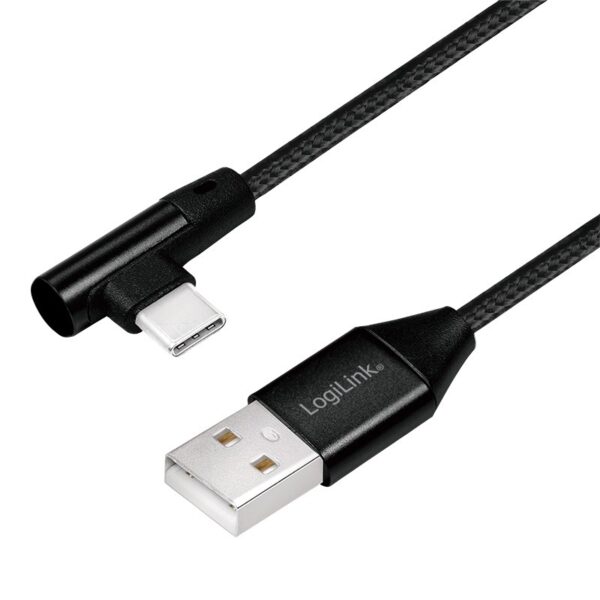 CABLU alimentare si date LOGILINK, pt. smartphone, USB 2.0 (T) la USB 2.0 Type-C (T) la 90 grade, 0.3m, premium, cablu cu impletire din bumbac, negru, „CU0137” (timbru verde 0.08 lei)