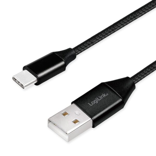 CABLU alimentare si date LOGILINK, pt. smartphone, USB 2.0 (T) la USB 2.0 Type-C (T), 0.3m, premium, cablu cu impletire din bumbac, negru, „CU0139” (timbru verde 0.08 lei)