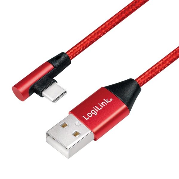 CABLU alimentare si date LOGILINK, pt. smartphone, USB 2.0 (T) la USB 2.0 Type-C (T) la 90 grade, 0.3m, premium, cablu cu impletire din bumbac, rosu, „CU0145” (timbru verde 0.08 lei)