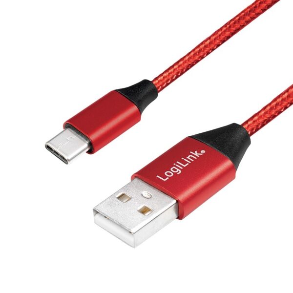 CABLU alimentare si date LOGILINK, pt. smartphone, USB 2.0 (T) la USB 2.0 Type-C (T), 0.3m, premium, cablu cu impletire din bumbac, rosu, „CU0147” (timbru verde 0.08 lei)