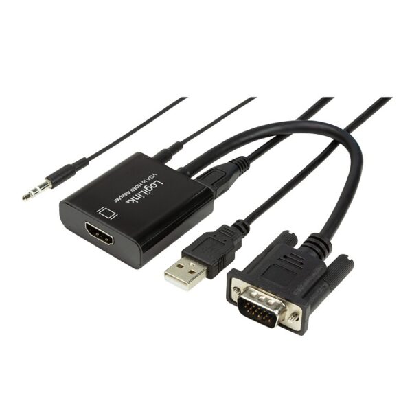 CABLU video LOGILINK, adaptor VGA (T) + Jack 3.5mm (T) la HDMI (M), 15cm, rezolutie maxima Full HD (1920 x 1080) la 60Hz, conecteaza placa video cu VGA la monitor HDMI, cablu power USB, negru, „CV0060” (timbru verde 0.8 lei)