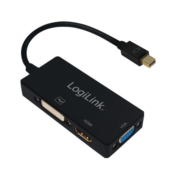 CABLU video LOGILINK, splitter Mini-DisplayPort (T) la HDMI (M) + DVI-I DL (M) + VGA (M), 10cm, rezolutie maxima 4K UHD (3840 x 2160) la 30 Hz, negru, „CV0110” (timbru verde 0.08 lei)