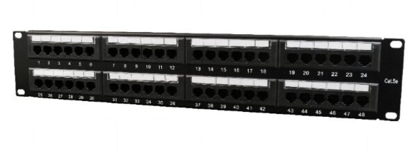 PATCH PANEL GEMBIRD 48 porturi, Cat6, 2U pentru rack 19″, suport posterior pt. gestionare cabluri, black, „NPP-C648CM-001”