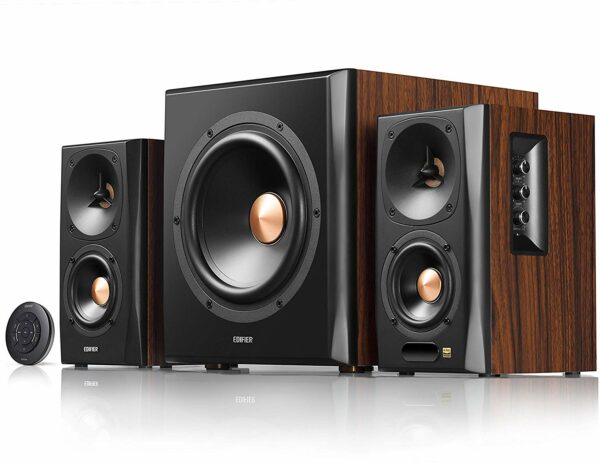 BOXE EDIFIER 2.1, RMS: 155W (2 x 10W, 2 x 30W, 1 x 75W), bluetooth, telecomanda wireless, woofer wireless, volum, bass, treble, optical, coaxial, brown, „S360DB” (timbru verde 11.00 lei)