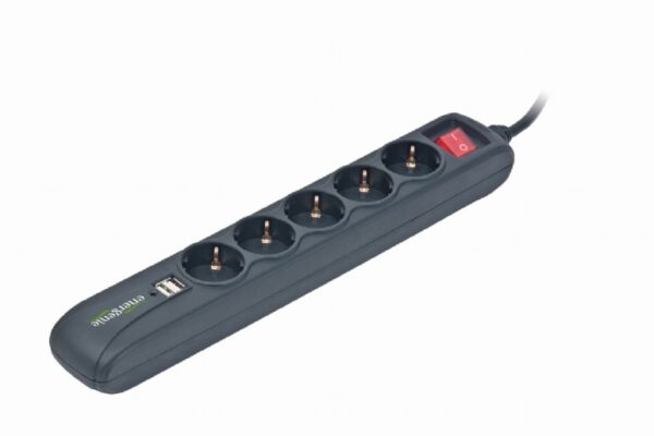 PRELUNGITOR GEMBIRD, Schuko x 5, conectare prin Schuko (T), USB x 2, cablu 1.5 m, 16 A, protectie copii, negru, „SPG5-U2-5” (timbru verde 0.18 lei)