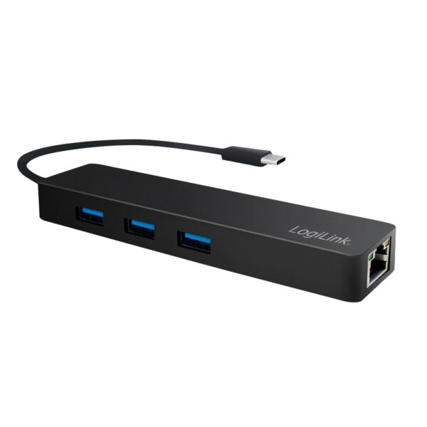 HUB extern LOGILINK, porturi USB: USB 3.0 x 3, conectare prin USB 3.2 Type C, cablu 0.1 m, retea 10/100/1000 Mbps (Gigabit), negru, „UA0313” (timbru verde 0.8 lei)