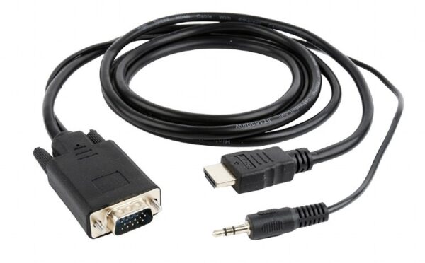 CABLU video GEMBIRD, splitter HDMI (T) la VGA (T) + Jack 3.5mm (T), 3m, rezolutie maxima 1920×1080 la 60Hz, converteste semnal digital HDMI in analog VGA + audio 3.5 mm jack, negru, „A-HDMI-VGA-03-10” (timbru verde 0.8 lei)