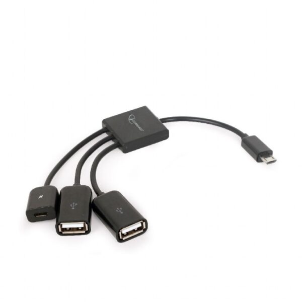 CABLU adaptor OTG GEMBIRD, pt. smartphone, Micro-USB 2.0 (T) la Micro-USB 2.0 (M) + USB 2.0 (M) x 2, 13cm, asigura conectarea telef. la o tastatura, mouse, HUB, stick, etc., negru, „UHB-OTG-02” (timbru verde 0.08 lei)