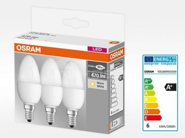 SET 3 becuri LED Osram, soclu E14, putere 5.5W, forma clasic, lumina alb calda, alimentare 220 – 240 V, „000004052899955509” (timbru verde 1.35 lei)