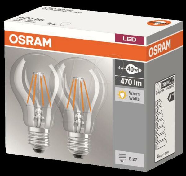 SET 2 becuri LED Osram, soclu E27, putere 4W, forma clasic, lumina alb calda, alimentare 220 – 240 V, „000004052899972001” (timbru verde 0.9 lei)