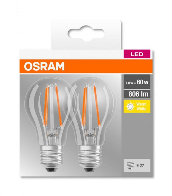 SET 2 becuri LED Osram, soclu E27, putere 7W, forma clasic, lumina alb calda, alimentare 220 – 240 V, „000004052899972018” (timbru verde 0.9 lei)