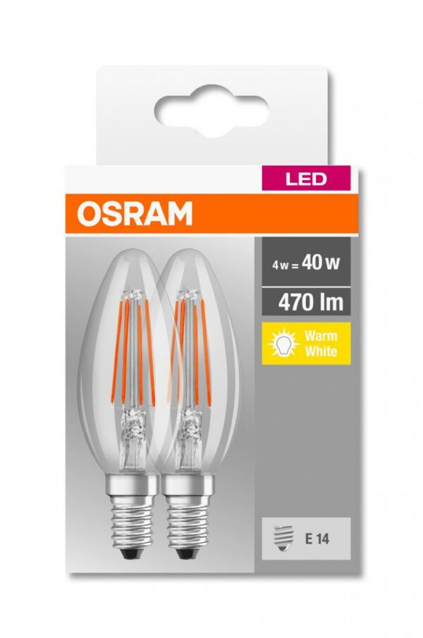 SET 2 becuri LED Osram, soclu E14, putere 4W, forma lumanare, lumina alb calda, alimentare 220 – 240 V, „000004052899972032” (timbru verde 0.9 lei)