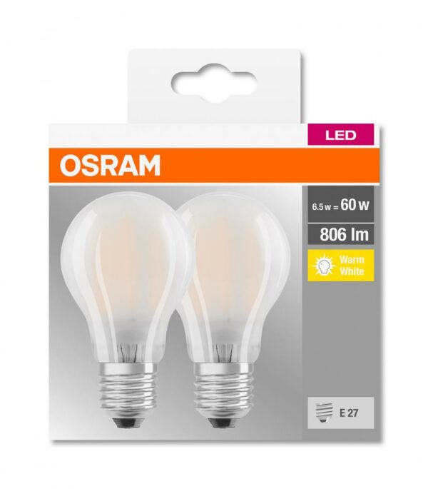 SET 2 becuri LED Osram, soclu E27, putere 6.5W, forma clasic, lumina alb calda, alimentare 220 – 240 V, „000004052899972100” (timbru verde 0.9 lei)
