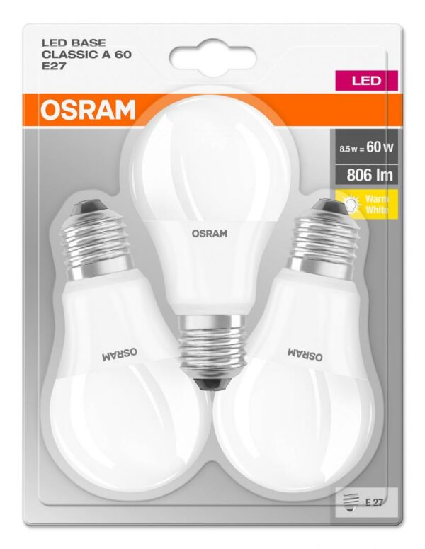 SET 3 becuri LED Osram, soclu E27, putere 8.5W, forma clasic, lumina alb calda, alimentare 220 – 240 V, „000004052899972476” (timbru verde 1.35 lei)