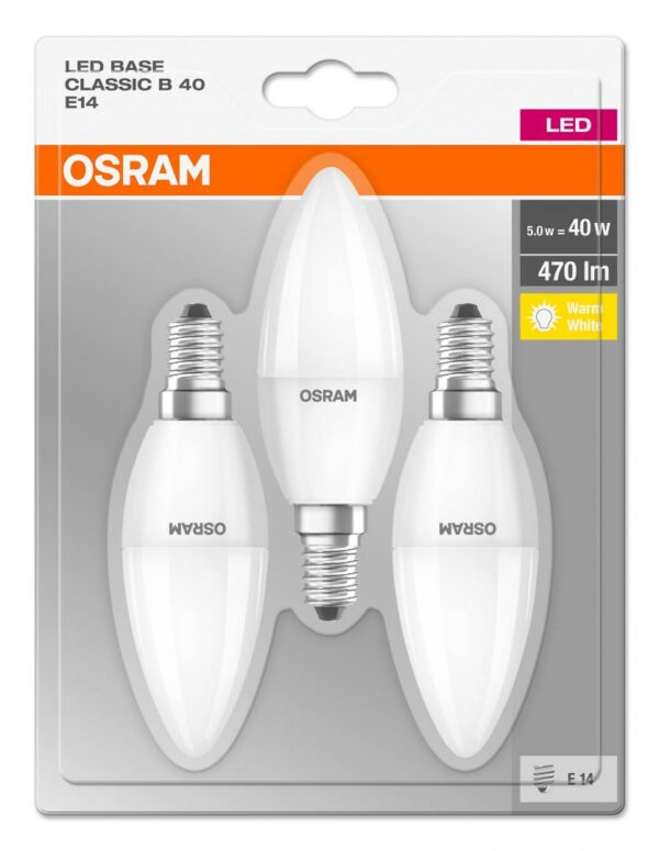 SET 3 becuri LED Osram, soclu E14, putere 5W, forma lumanare, lumina alb calda, alimentare 220 – 240 V, „000004052899972490” (timbru verde 1.35 lei)